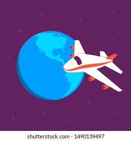 Airplane on the background of the earth in space. A plane flies around the earth.