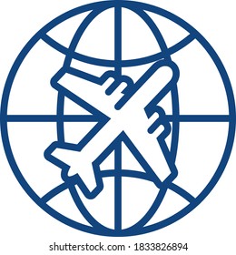 Flugzeug auf dem Hintergrund des Globus, einzeln auf weißem Hintergrund. Internationales Flugsymbol. Flache Infografiken. Vektorgrafik.