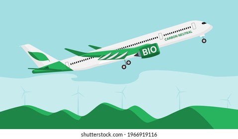 Airplane On Biofuel. Carbon Neutral Transportation Concept. Vector Illustration