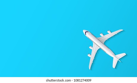 Airplane on blue background with copy space for text, travel background, vector illustration