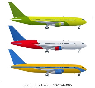 Airplane on blue background. Industrial blueprint of airplane. Airliner in side view. Flat style vector illustration.