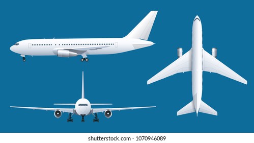Airplane on blue background. Industrial blueprint of airplane. Airliner in top, side, front view. Flat style vector illustration.