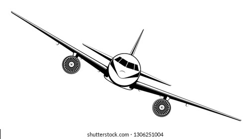 Airplane on blue background. Plane flying in the sky. Front view. Aircraft flat style vector illustration