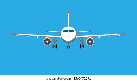 Airplane on blue background. Plane flying in the sky. Front view. Aircraft flat style vector illustration.