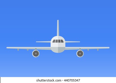 Airplane on blue background. Plane flying in the sky. Front view. Aircraft flat style vector illustration.