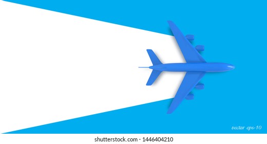 Airplane on a blue background, top view .Banner for travel and summer holidays .Model plane Vector.
