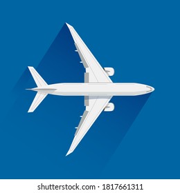 An airplane on blue background, vector illustration, flat design. Plane, top view.