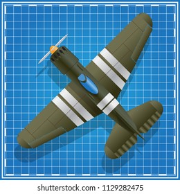 Airplane on a blue background. View from above. Vector illustration.