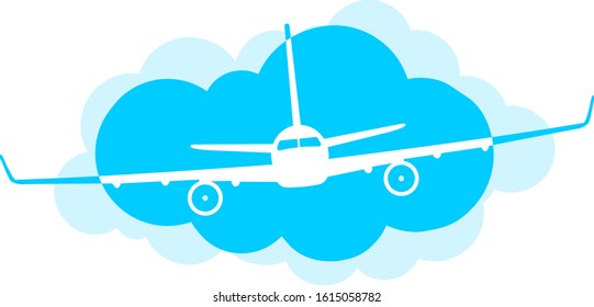 Airplane on blue clouds background. Flat style icon. Illustration, vector 