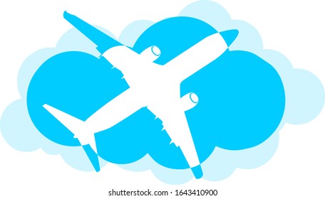 Airplane on blue clouds background. Flat style icon. Illustration, vector 