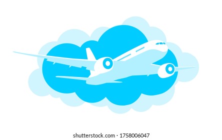 Avión con fondo azul de nubes. Icono de estilo plano. Ilustración, vector 