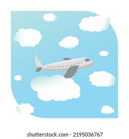 Airplane on blue sky background with white clouds. Flight plane in simple flat design