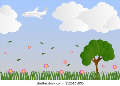 airplane on blue sky with white cloud , windy day, strong wind, paper art and digital craft style : vector 
