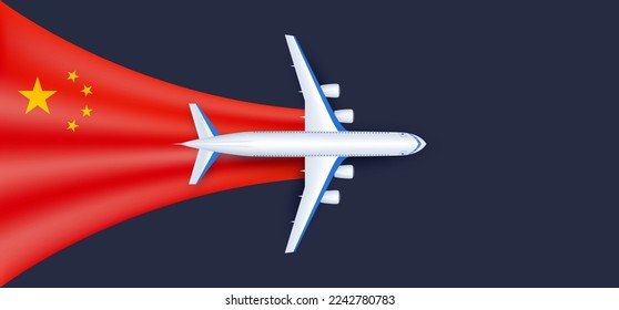 Airplane on China flag red. Travel concept and air transportation. Advertising banner. Vector EPS10. China has begun to open up country to travel around world. Lifting quarantine measures for COVID-19