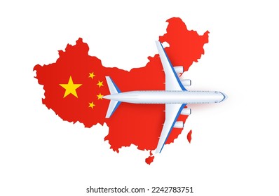 Airplane on China flag red. Travel concept and air transportation. Advertising banner. China has begun to open up country to travel around world. Lifting quarantine measures for COVID-19. Vector EPS10