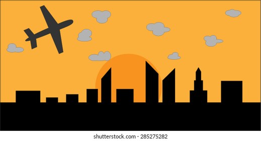 airplane on city sunset background