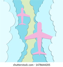 Airplane on the cloud paper cut out  background.