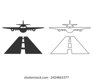 Avión en la línea de aterrizaje icono set signo en un fondo blanco con copia espacio icono vector plano