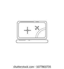 airplane on laptop screen illustration. Element of airport for mobile concept and web apps. Thin line illustration of airplane on laptop screen can be used for web and mobile on white background
