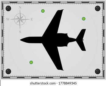Airplane on a map background with radar elements. Aircraft. Wind rose. Vector illustration.