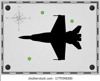 Airplane on a map background with radar elements. Aircraft. Wind rose. Vector illustration.