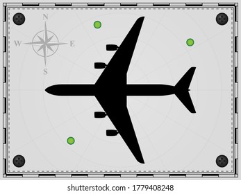 Airplane on a map background with radar elements. Aircraft. Wind rose. Vector illustration.