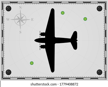 Airplane on a map background with radar elements. Aircraft. Wind rose. Vector illustration.