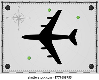 Flugzeug auf Kartenhintergrund mit Radarelementen. Luftfahrzeuge. Der Wind erhob sich. Vektorgrafik.