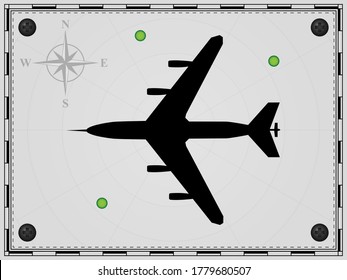 Airplane on a map background with radar elements. Aircraft. Wind rose. Vector illustration.