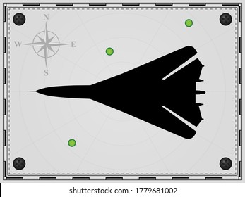 Airplane on a map background with radar elements. Aircraft. Wind rose. Vector illustration.