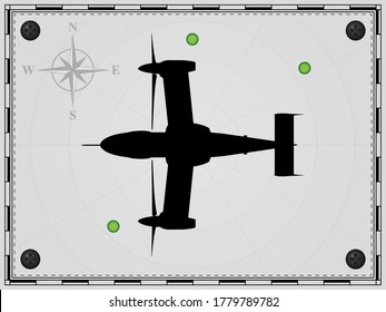 Airplane on a map background with radar elements. Aircraft. Wind rose. Vector illustration.