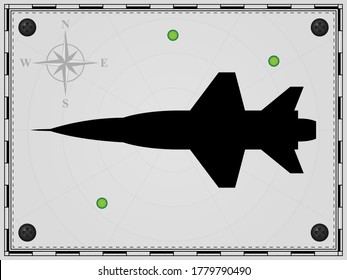 Airplane on a map background with radar elements. Aircraft. Wind rose. Vector illustration.