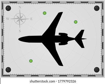 Airplane on a map background with radar elements. Aircraft. Wind rose. Vector illustration.