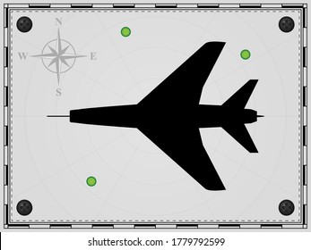 Airplane on a map background with radar elements. Aircraft. Wind rose. Vector illustration.