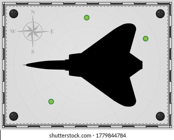 Airplane on a map background with radar elements. Aircraft. Wind rose. Vector illustration.