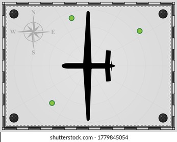 Airplane on a map background with radar elements. Aircraft. Wind rose. Vector illustration.
