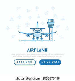 Airplane on the runway concept with thin line icons: agricultural aircraft, passenger's plane, military aviation, paper plane. Modern vector illustration, web page template.