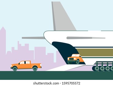 Airplane on Runway Deliver Car Transport to Airport Vector Illustration. Heavy Freight Cargo Air Transportation. Logistics Fast Shipping. Aircraft Aviation Business. Commercial Flight