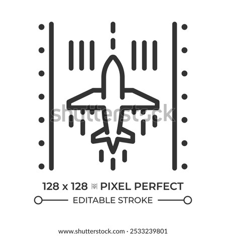 Airplane on runway linear icon. Represents takeoff, landing and airport operations. Aviation and air travel. Thin line illustration. Contour symbol. Vector outline drawing. Editable stroke