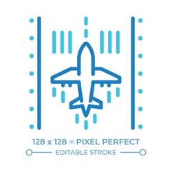 Airplane on runway two color line icon. Represents takeoff, landing and airport operations. Air travel. Bicolor outline symbol. Duotone linear pictogram. Isolated illustration. Editable stroke
