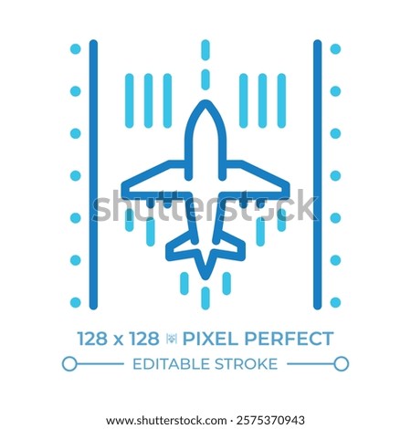 Airplane on runway two color line icon. Represents takeoff, landing and airport operations. Air travel. Bicolor outline symbol. Duotone linear pictogram. Isolated illustration. Editable stroke
