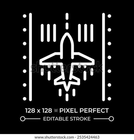 Airplane on runway white linear icon for dark theme. Represents takeoff, landing and airport operations. Aviation, air travel. Thin line illustration. Isolated symbol for night mode. Editable stroke