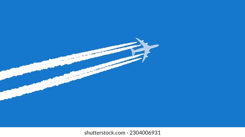 Airplane on sky for banner in flat vector illustration. Flying passenger aircraft on the blue sky, view from the ground. Plane journey, travel or tours, airport advertising, trip abroad on vacation