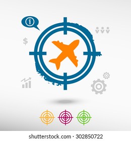Airplane on target icons background. Flat illustration.