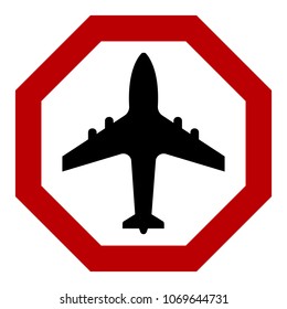 Airplane on top, black on white background, red sign, vector