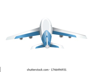 Airplane on white background. Airliner in top view. Vector realistic aircraft cargo. Passenger plane, sky flying aeroplane