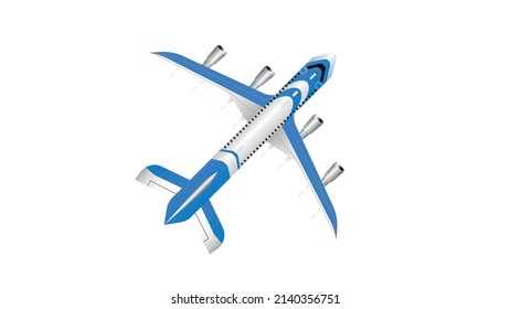 Airplane on white background. Airliner top view, flat lay.  Vector,  aircraft cargo. Passenger plane, sky flying aeroplane