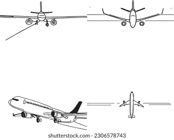 Airplane on a white background. Vector illustration in black and white colors.