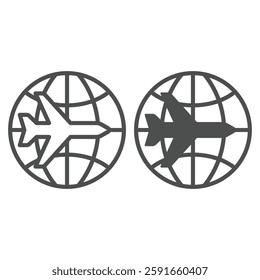 Airplane on world globe line and solid icon, avia shipping concept. Vector graphics. Plane delivery sign on white background, outline style icon for mobile or web design