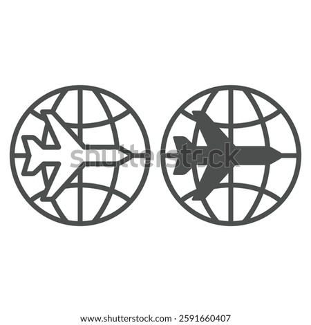 Airplane on world globe line and solid icon, avia shipping concept. Vector graphics. Plane delivery sign on white background, outline style icon for mobile or web design